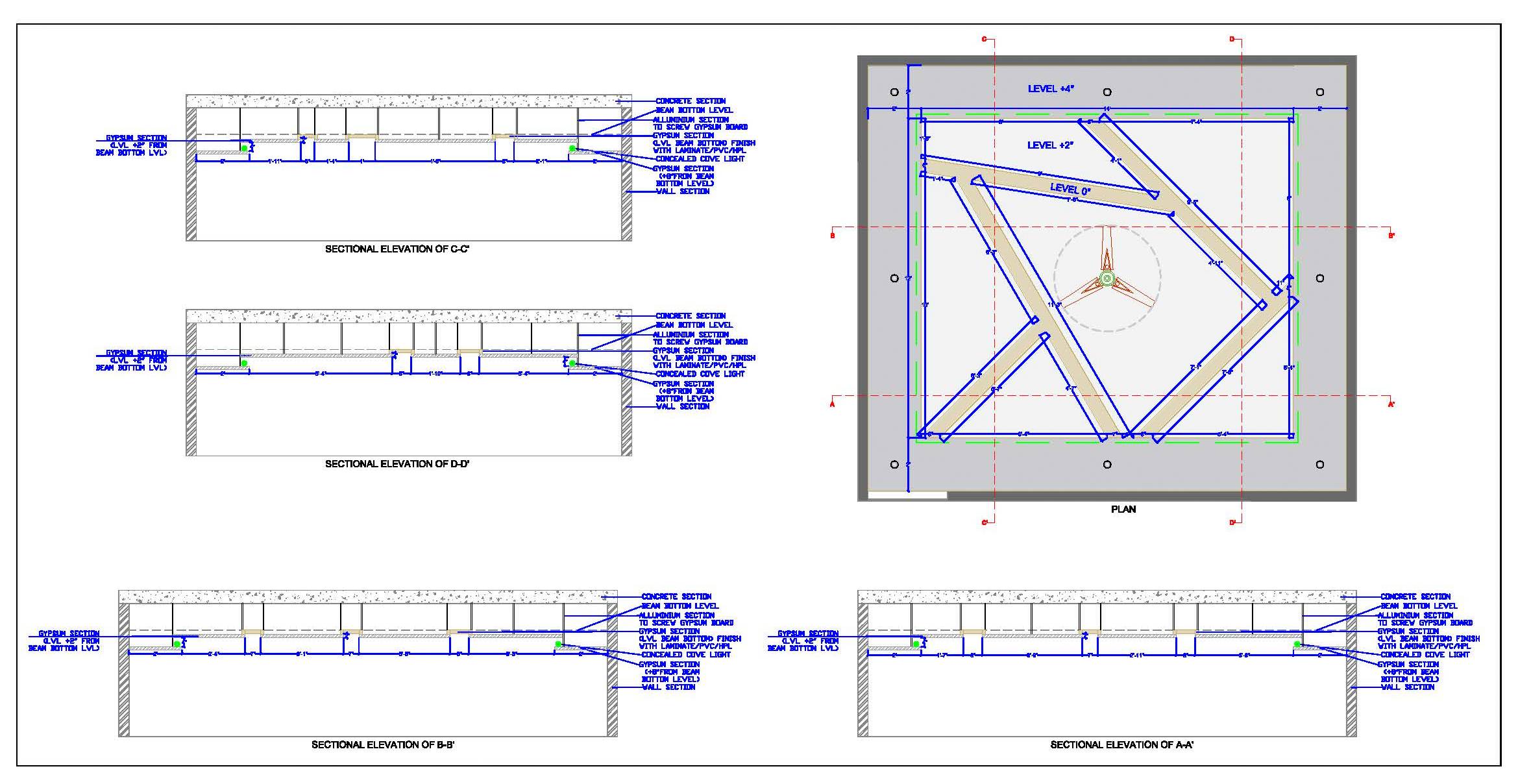 16'x16' False Ceiling Plan and Sections in DWG